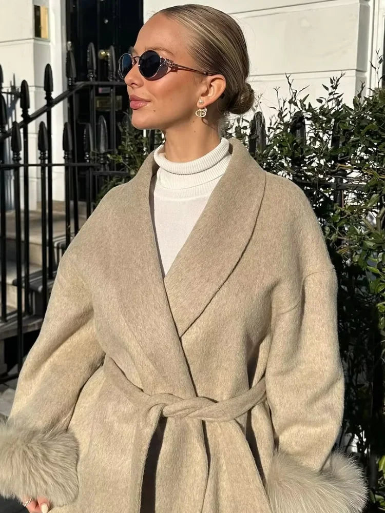 Woolen Coat with Faux Fur Sleeves