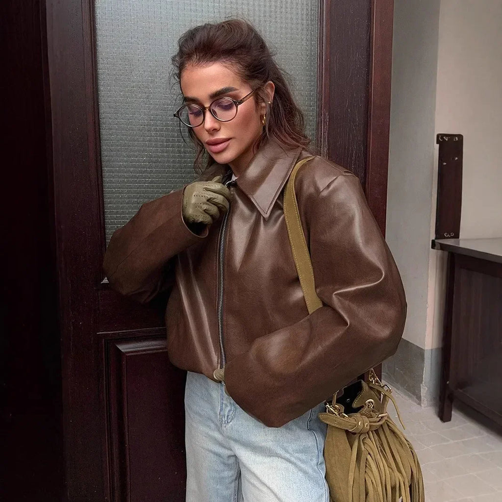 Women's Faux Leather Jacket - Burgundy Moto Coat