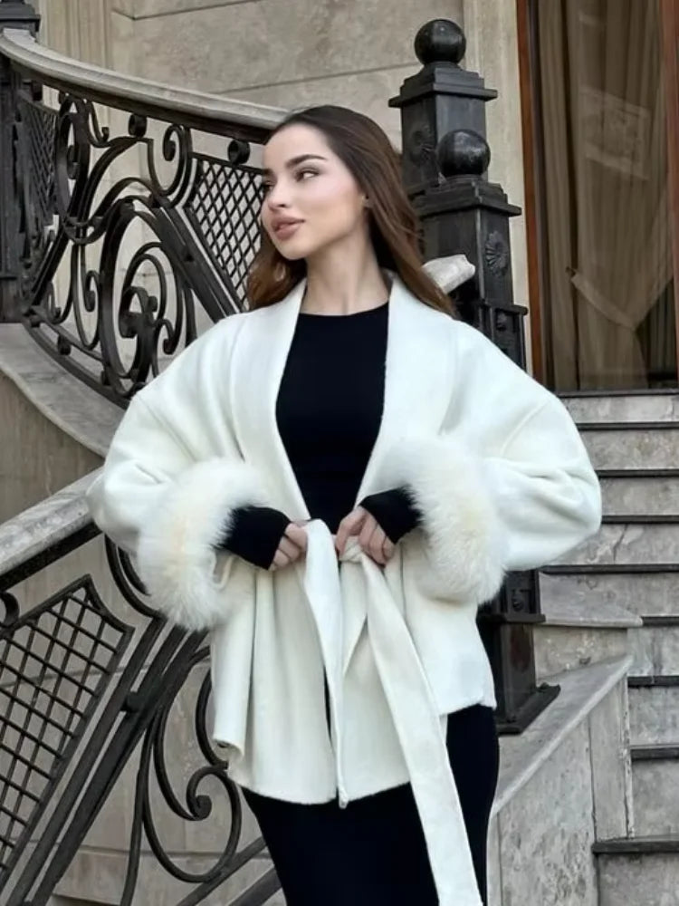 Woolen Coat with Faux Fur Sleeves