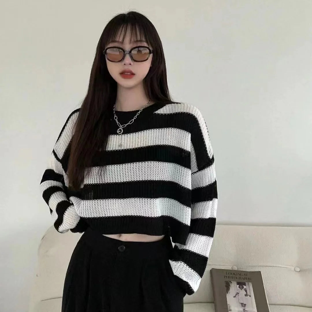 Korean Striped Cropped Knit Sweater - Oversized