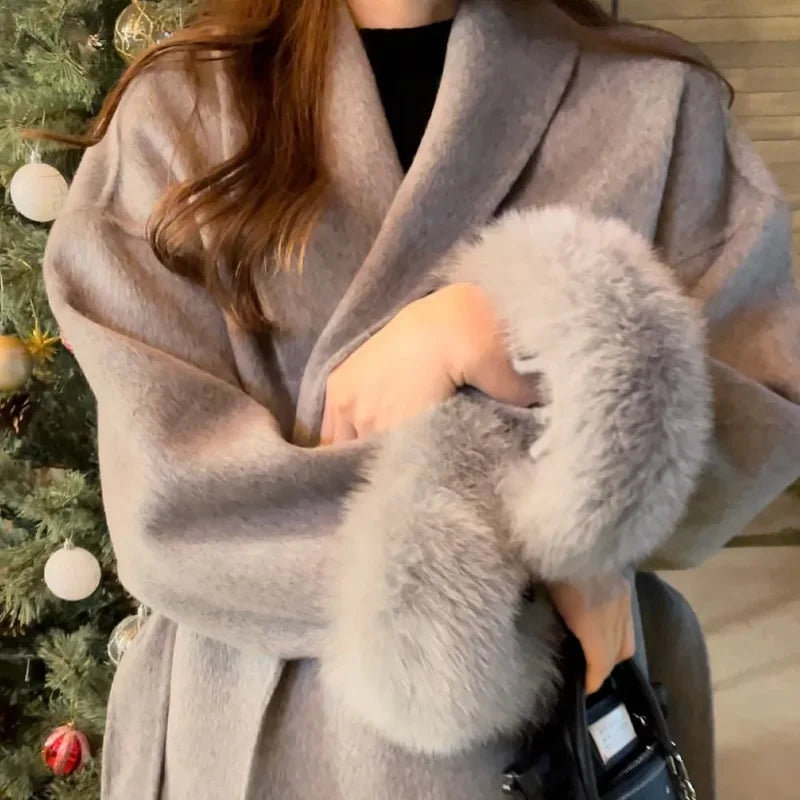 Woolen Coat with Faux Fur Sleeves