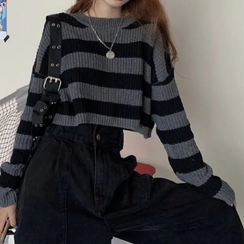 Korean Striped Cropped Knit Sweater - Oversized
