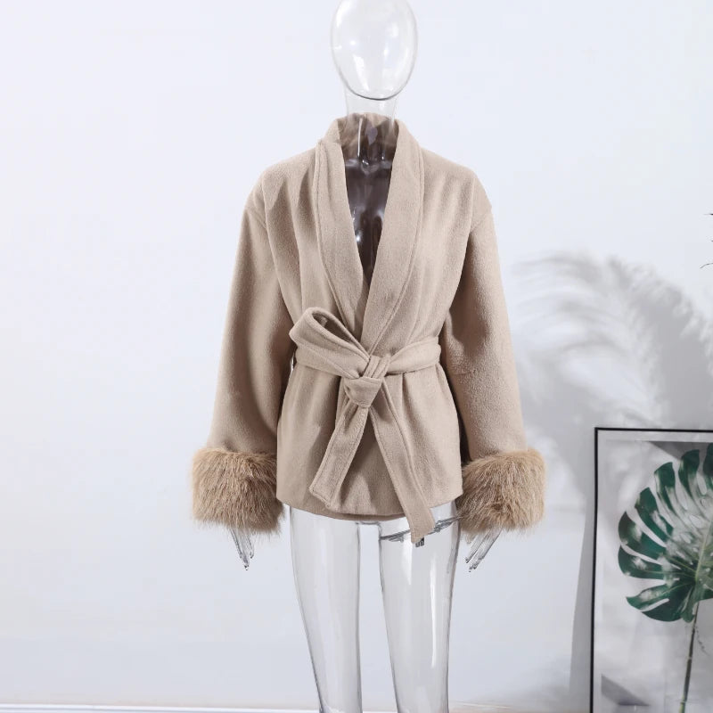 Woolen Coat with Faux Fur Sleeves