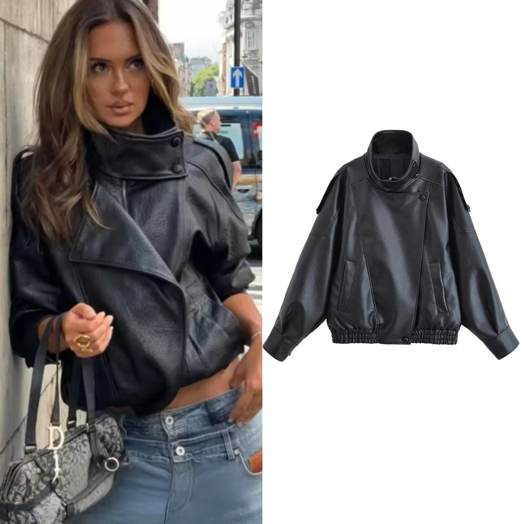 Women's Black Motorcycle Jacket - Faux Leather Biker Coat